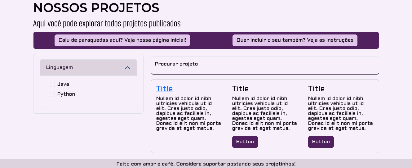 listagem dos projetos, com 3 itens de placeholder