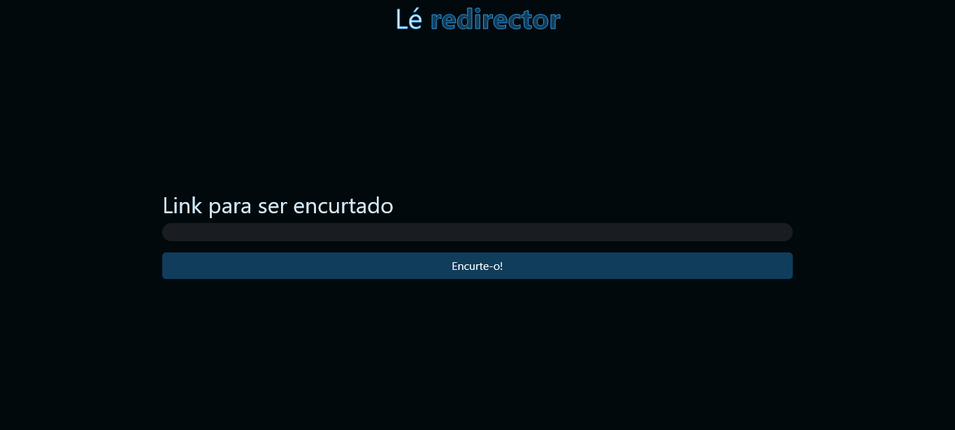 Página inicial, contendo o titulo, um input para o link, e um botão para encurtar